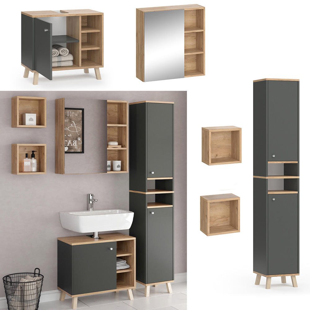 BADMÖBEL-SET Senyo Anthrazit 4 Teile, mit Hochschrank - Honigeiche/Anthrazit, Holzwerkstoff (62/54/32cm) - Vicco
