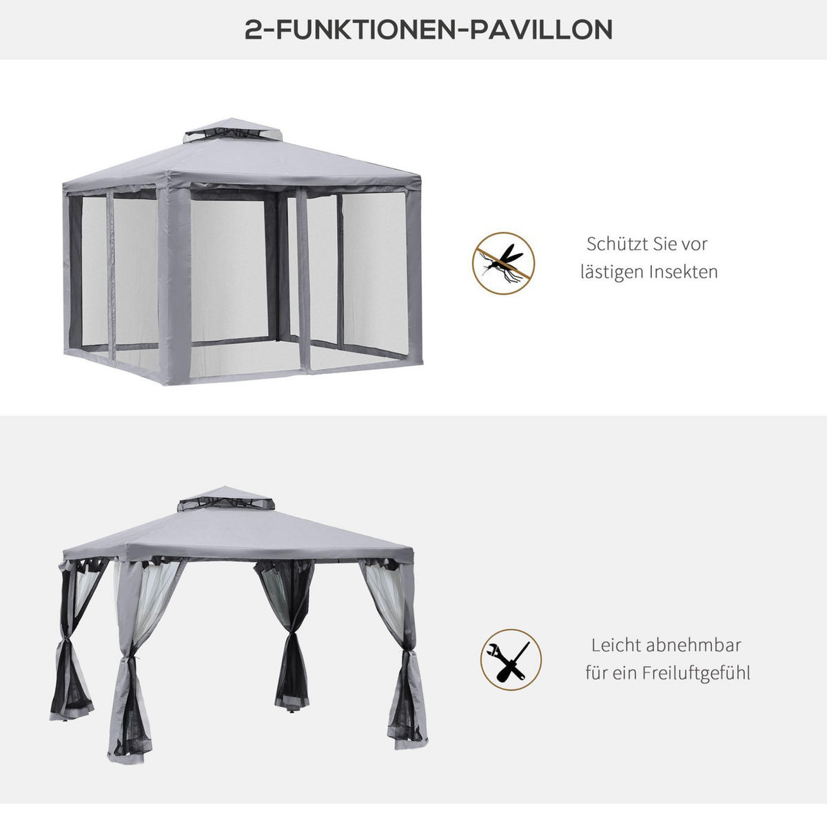 GARTENPAVILLON 294/294/265 cm anthrazit aus Polyester mit Netzseiten - Grau, Textil (294/265/294cm) - OKWISH