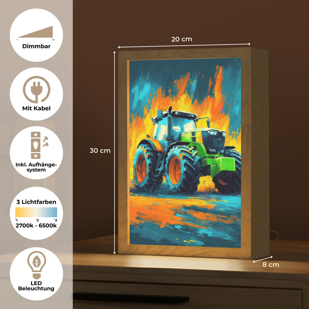 NACHTTISCHLAMPE Abstrakt - Traktor - Grün 20x30 cm - Dunkelblau, Holzwerkstoff (8/20/30cm)