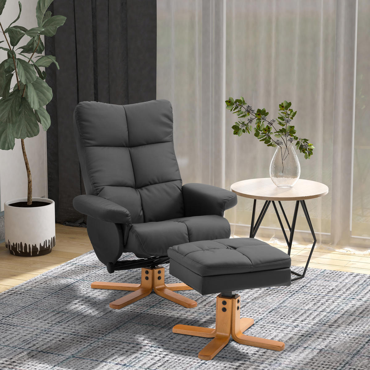 RELAXSESSEL mit Hocker Fernsehsessel 360° drehbar Liegefunktion Holz Schwarz - Schwarz, Holz (86/99/80cm) - HOMCOM