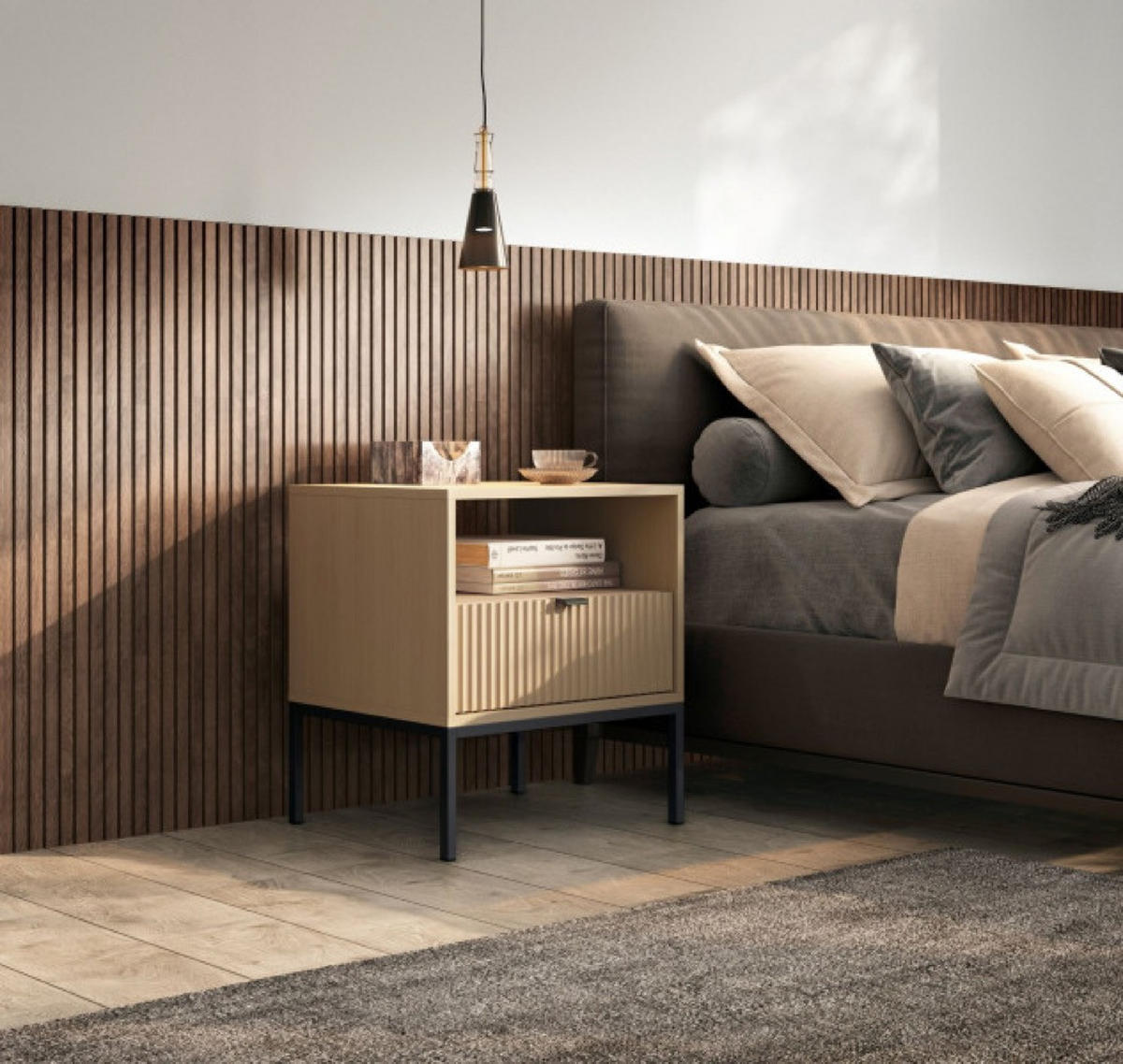 NACHTTISCH Vicenza Eiche Schwarz Beine - Beige, Holzwerkstoff (54/56/39cm) - Sepro Meble