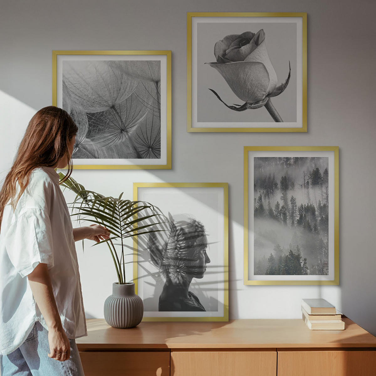 BILDER SET 4er Set - 50x50 cm & 40x60 cm Goldrahmen - Waldnebelporträt einer Frau - Goldfarben, Kunststoff (50/50cm) - TULUP