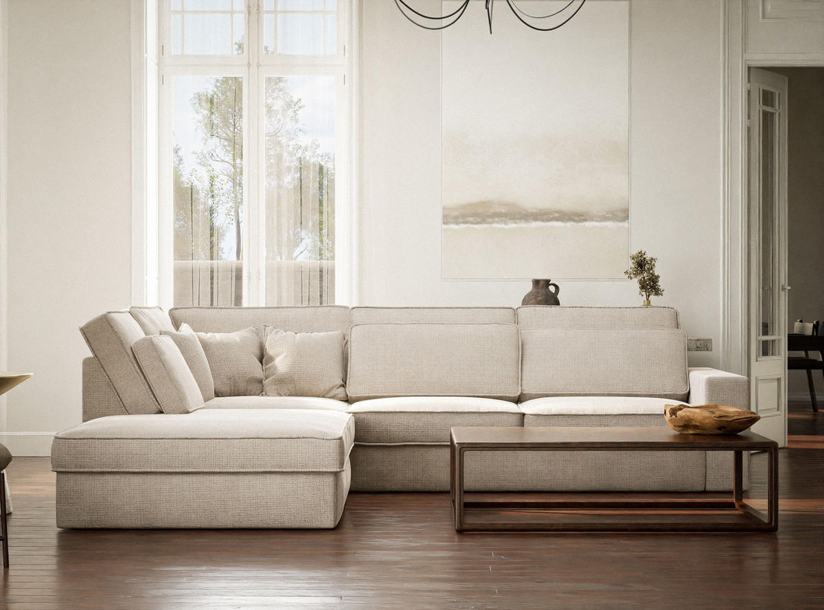 ECKSOFA Kirou Creme Chenille-Stoff - Links Seite - Creme/Schwarz, Holz/Holzwerkstoff (225/311cm) - Maison de Reve