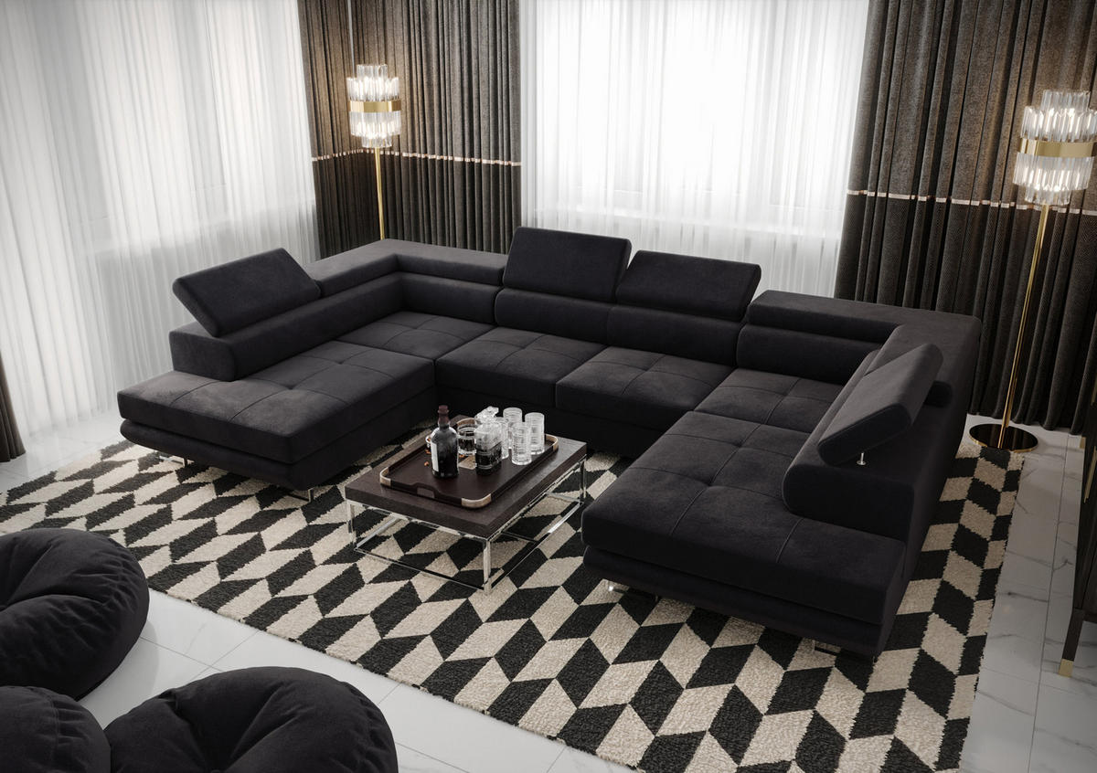 WOHNLANDSCHAFT PRAGA DESIGN U, Eckcouch in U-Form mit Schlaffunktion, Farbe: Dunkelgrau, Velourstoff, Ottomane Universal - Dunkelgrau, Textil (342/89/202cm) - O-Sofa