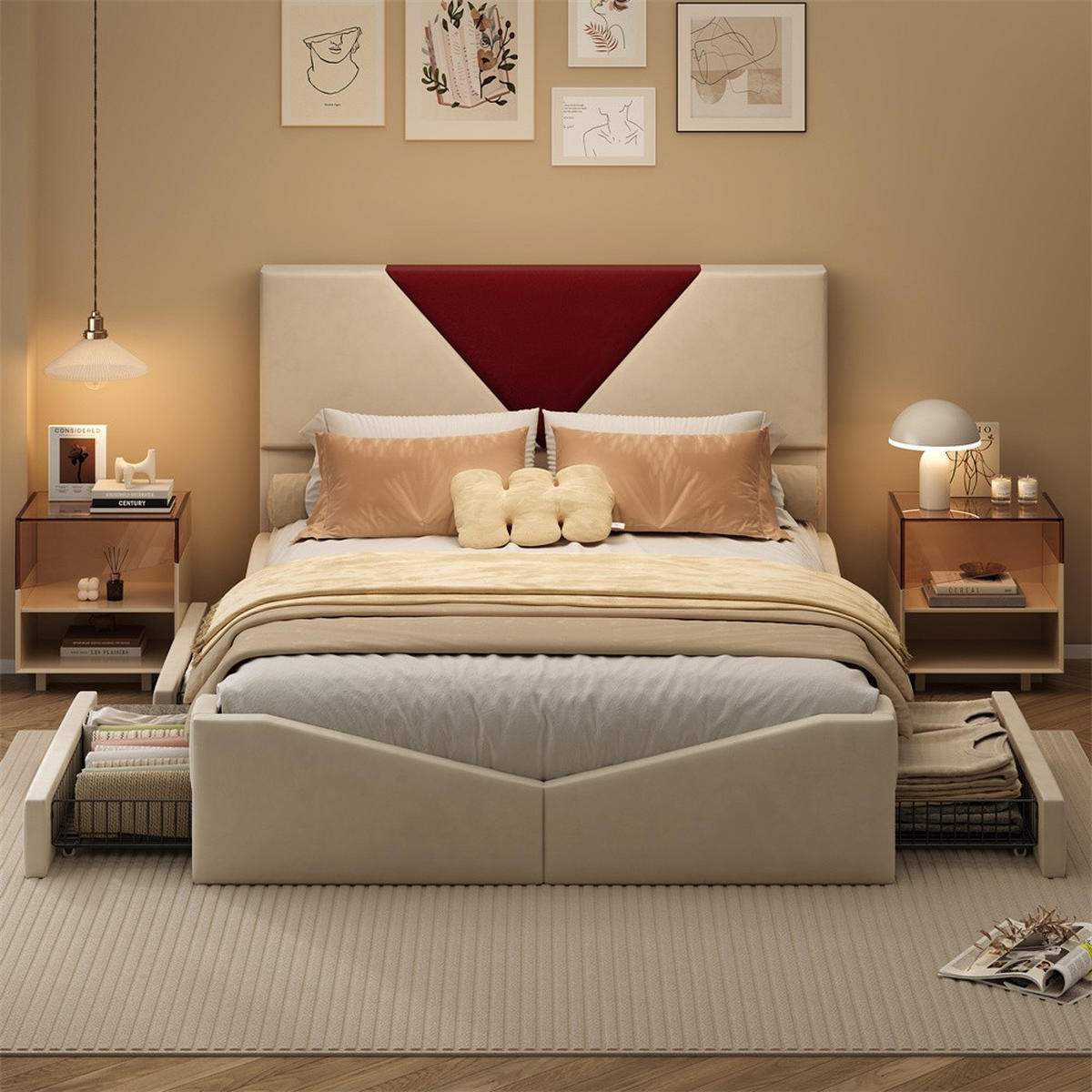 POLSTERBETT 140x200 cm - Doppelbett mit 4 Schubladen und geometrischem Kontrast-Kopfteil - ohne Matratze - Creme-Weiß - Beige, Textil (140/200cm) - DELFA