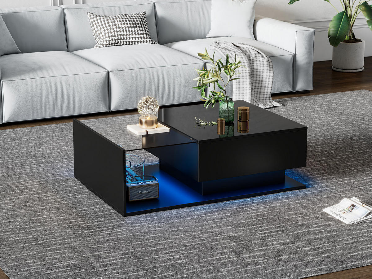 COUCHTISCH 100/50/32 cm schwarz mit Glasplatte und LED-Beleuchtung - Schwarz, Holzwerkstoff (100/50/32cm) - OKWISH