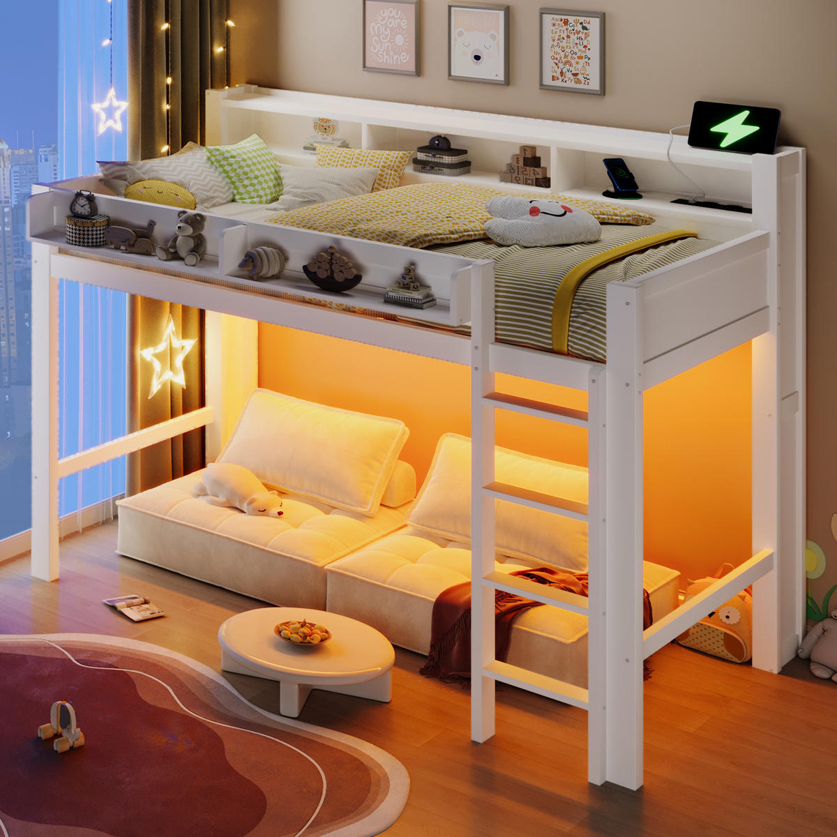 HOCHBETT 90/200 cm in Weiß aus MDF, Kiefer und Sperrholz mit Ablagefächern, LED und USB - Weiß, Holz/Holzwerkstoff (90/200cm) - WISHDOR
