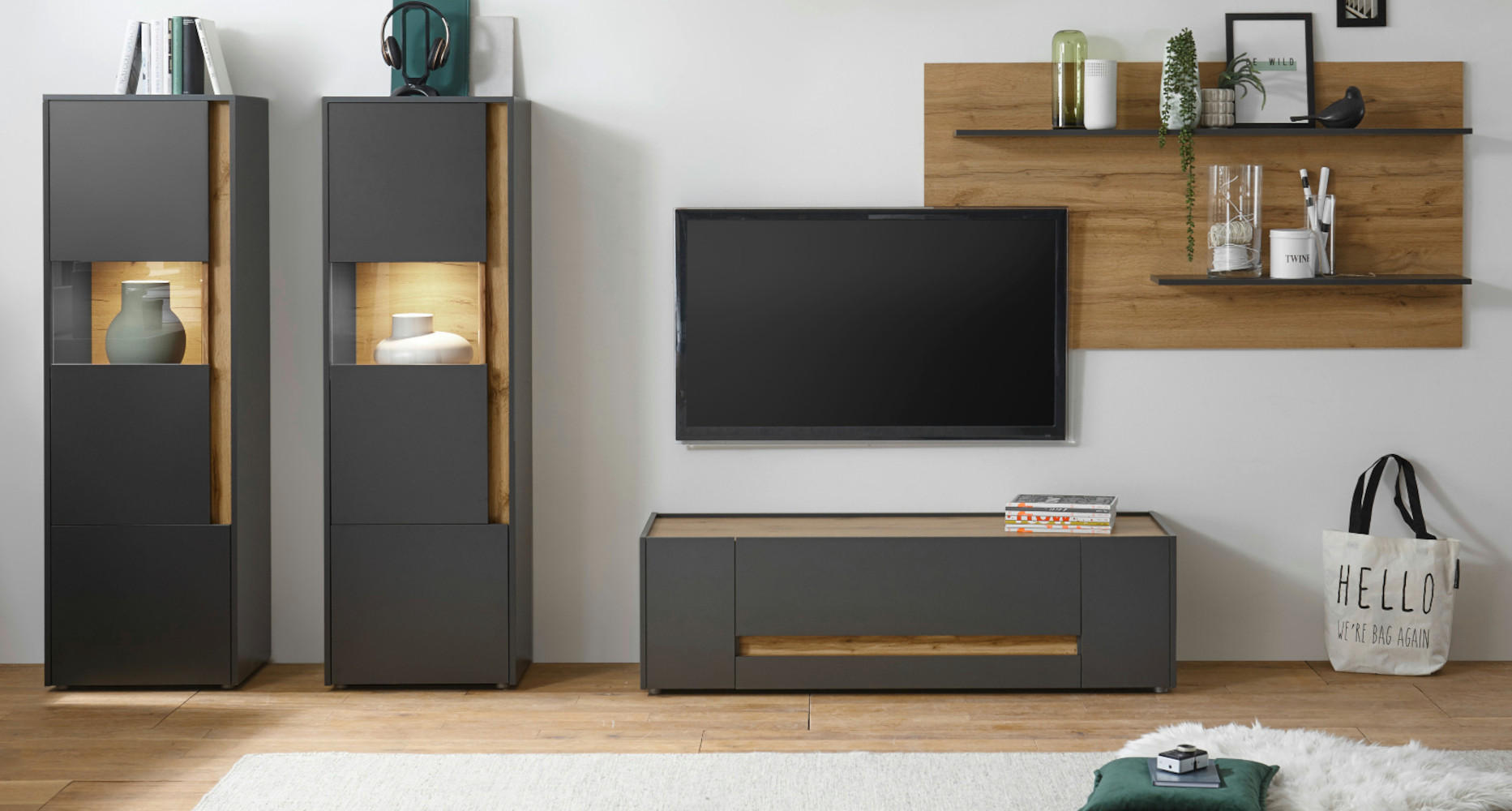 Furn.Design Wohnwand Grau, Eiche Wotan 340x170x45 cm