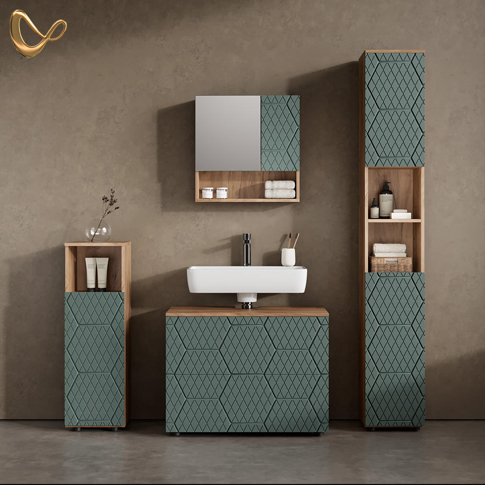 BADMÖBEL-SET Ronco Grün/Goldkraft Eiche 4 Teile, mit Schubladenschrank und Hochschrank - Honigeiche/Grün, Holzwerkstoff (80/58/41cm) - Livinity®