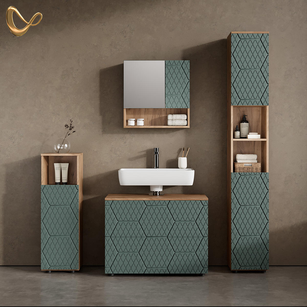 BADMÖBEL-SET Ronco Grün/Goldkraft Eiche 4 Teile, mit Schubladenschrank und Hochschrank - Eiche Wotan/Grün, Holzwerkstoff (80/58/41cm) - Livinity®