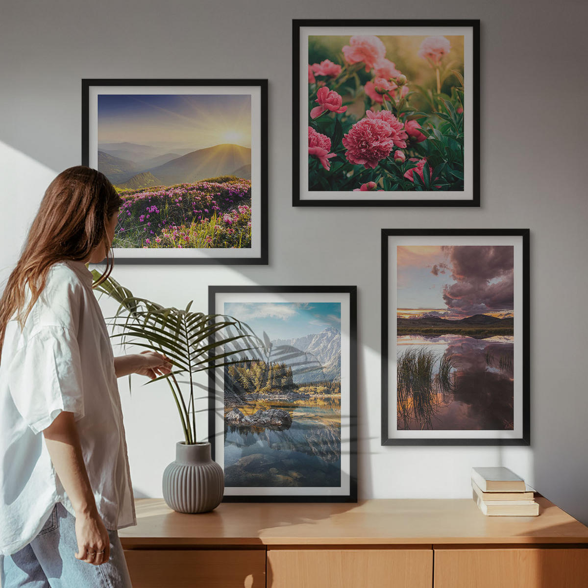 BILDER SET 4er Set - 50x50 cm & 40x60 cm Schwarzer Rahmen - Blumengarten, Bergwiese, Wasser - Schwarz, Kunststoff (50/50cm) - TULUP