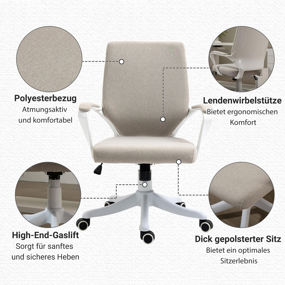 BÜROSTUHL Drehstuhl höhenverstellbarer dick gepolstert Polyester Beige+Weiß - Sandfarben, Kunststoff (69/100/62cm) - Vinsetto