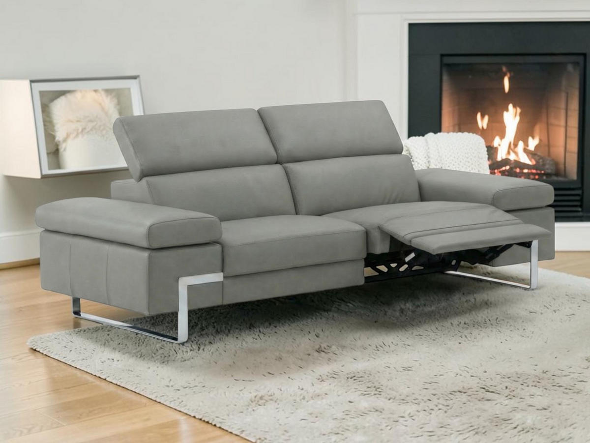 3-SITZER Sofa Opera Echtleder mit 1 x Relaxfunktion Perlgrau - Hellgrau, Leder/Metall (223/75/109cm)
