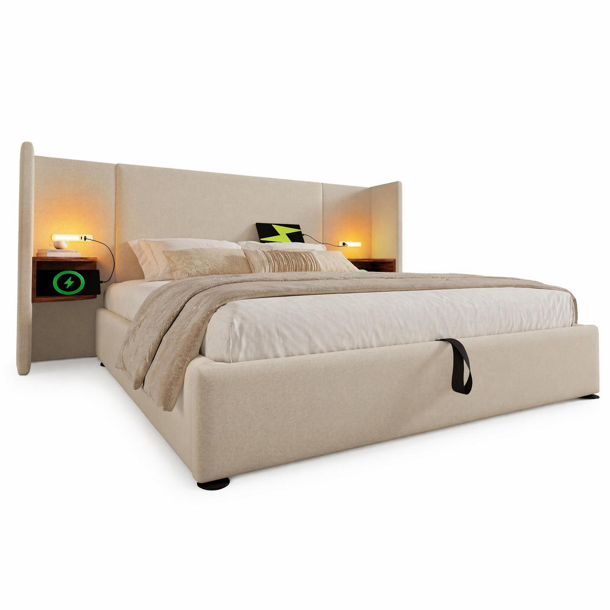 POLSTERBETT 180/200 cm in Beige Leinen mit Stauraum, Leselampe und USB - Beige, Holzwerkstoff/Textil (180/200cm) - CHICFURN