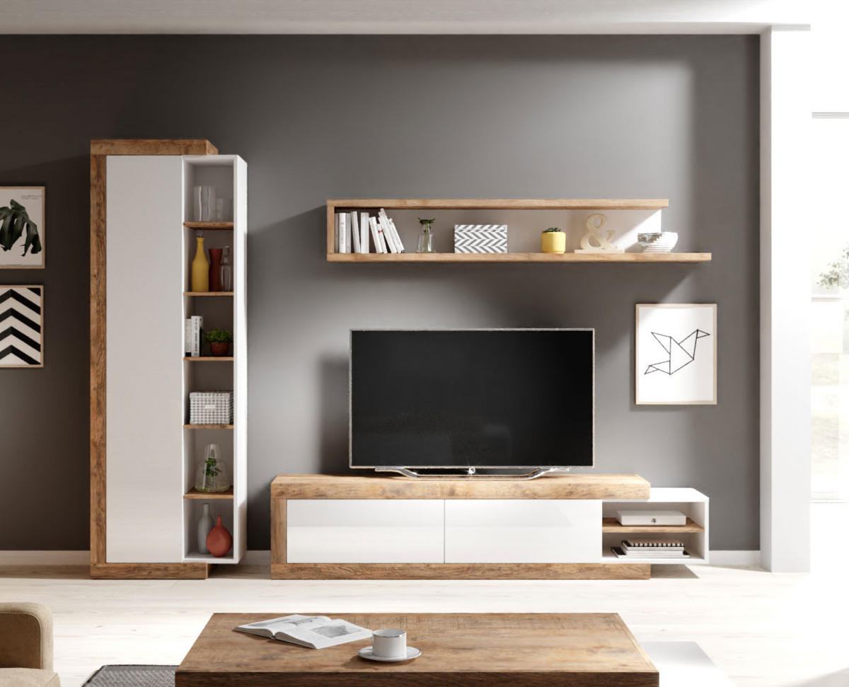 WOHNWAND 3-teilig Saragossa weiß Hochglanz / Samdal Eiche - Weiß Hochglanz/Braun, Holz/Holzwerkstoff (227/200/40cm) - Feldmann-Wohnen