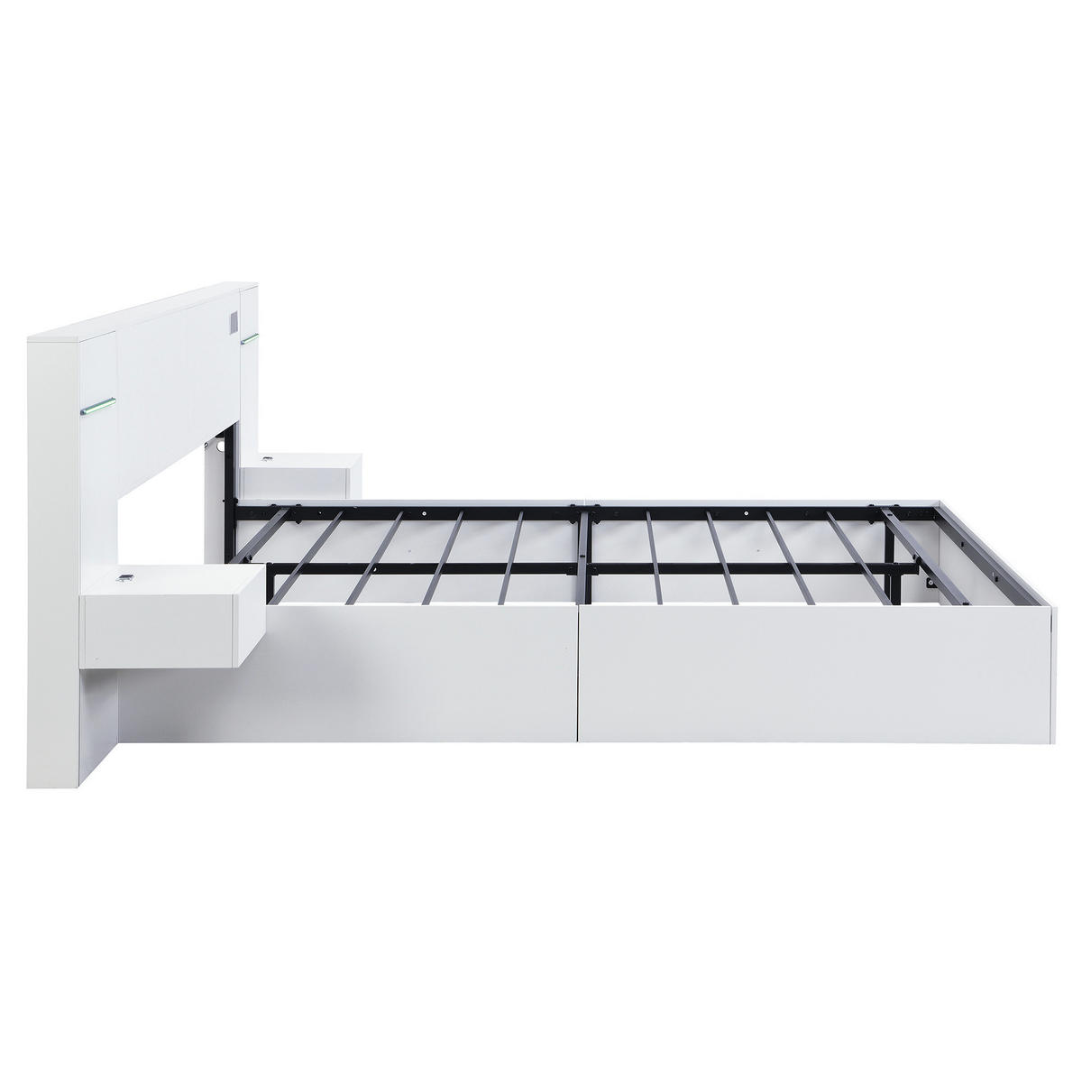 POLSTERBETT aus MDF 160x200 cm Weiß mit Bluetooth-Lautsprechern, USB-A/USB-C, LED-Lichtleiste und 2 Nachttischen - Weiß, Holzwerkstoff (160/200cm) - Modfu