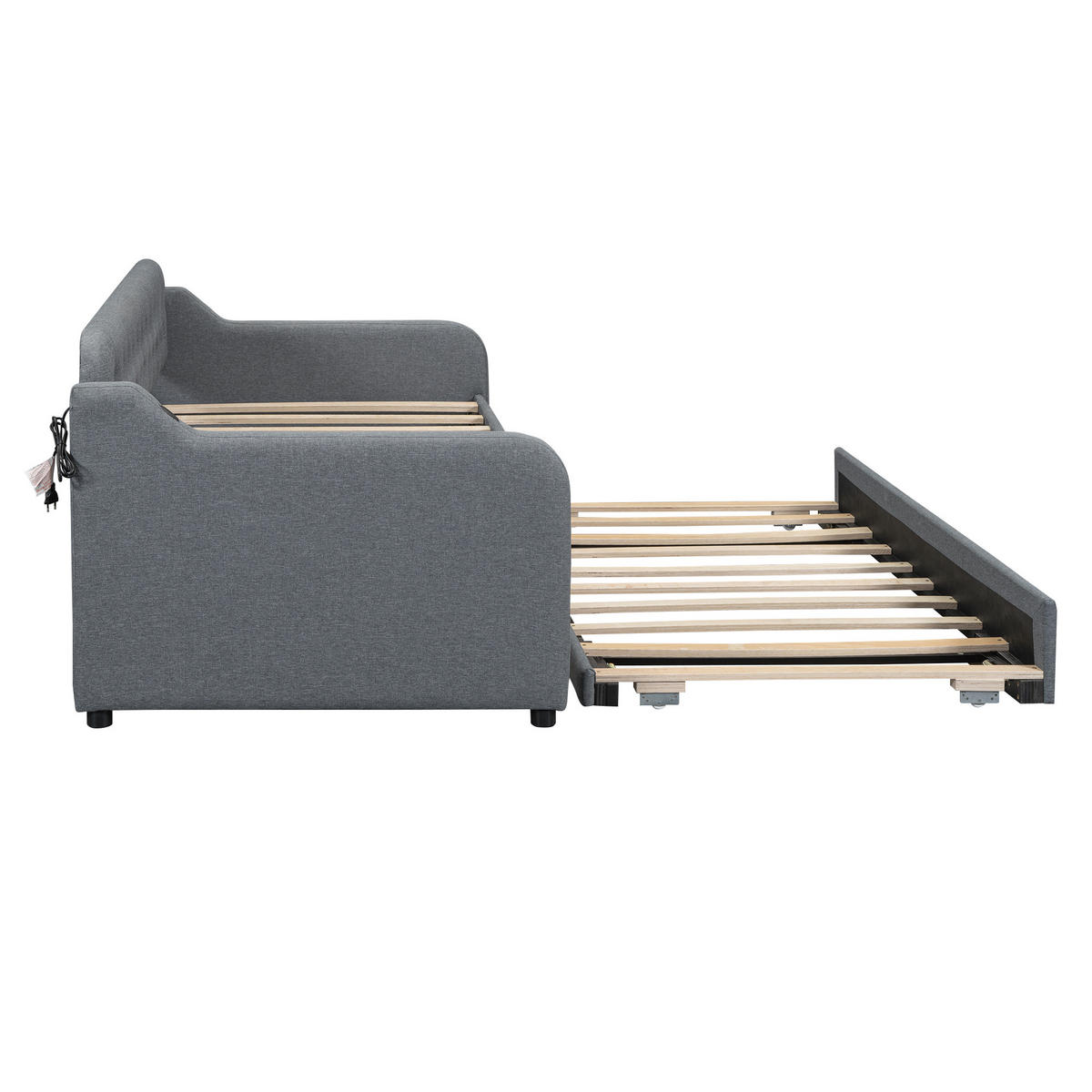 SCHLAFSOFA 90x200cm Grau mit Rollbett USB-Anschluss - Grau, Holz (90/200cm) - FLIEKS