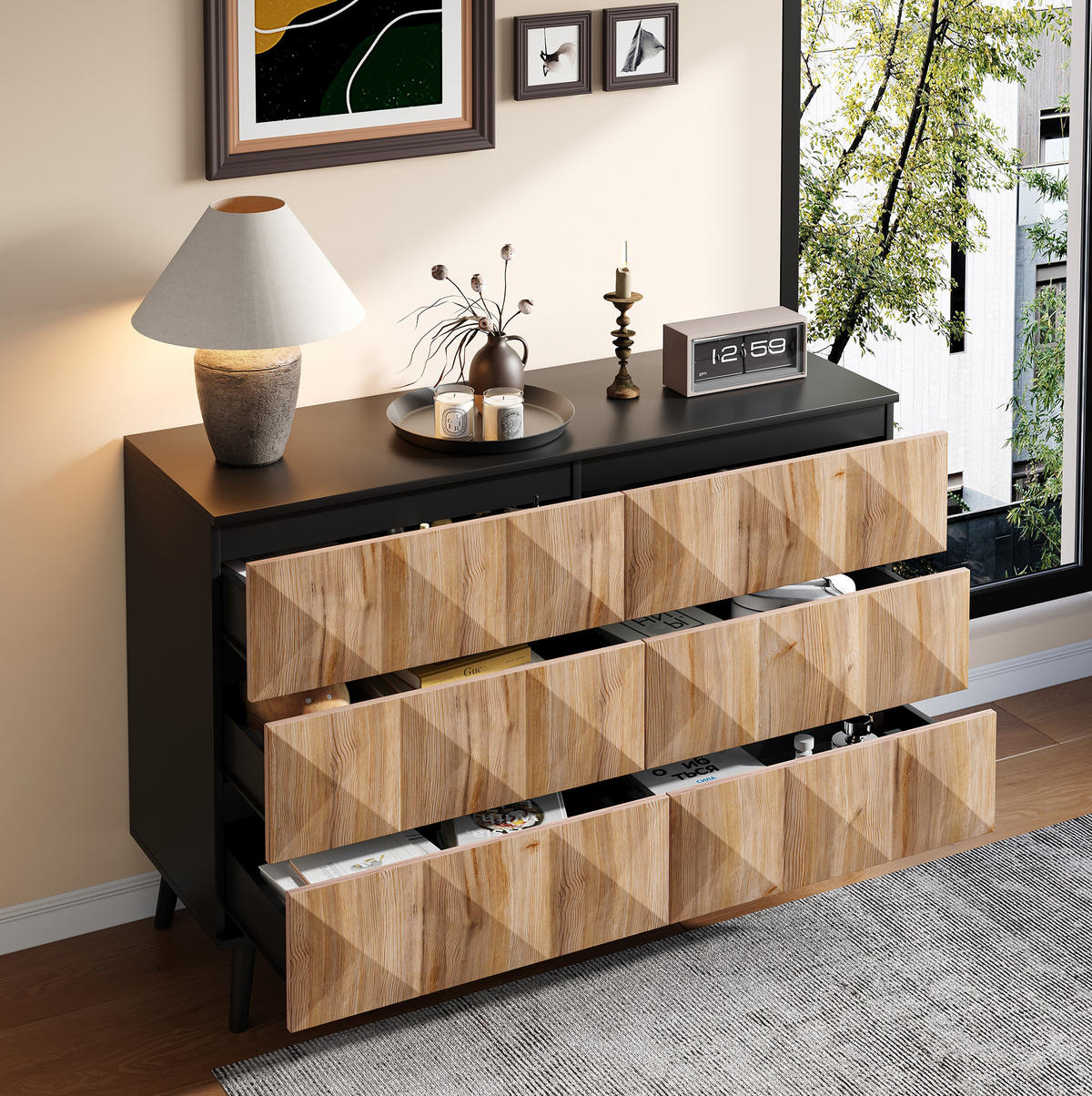 SIDEBOARD 120/40/85 cm in Schwarz/Natur mit 6 Schubladen und Metallgestell - Naturfarben, Holzwerkstoff (40/85/120cm) - Flora Grace
