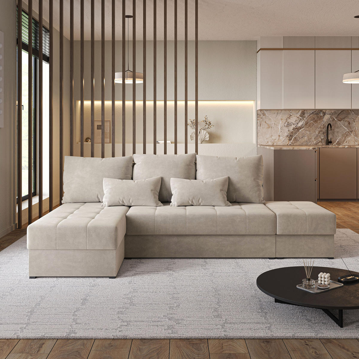 ECKSOFA NORVI Beige Plüsch-Stoff mit Schlaffunktion - Beige, Holz (251/143cm) - MASSENO