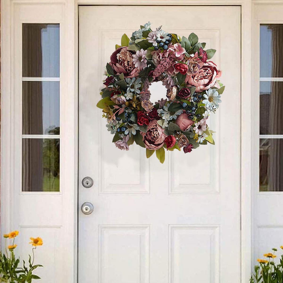 KUNSTBLUME Pfingstrosen 35cm Türkranz mit künstlichen für Hochzeit und Dekoration aus Stoff Hochwertige Verarbeitung - Rot, Kunststoff (20cm) - Livingandhome