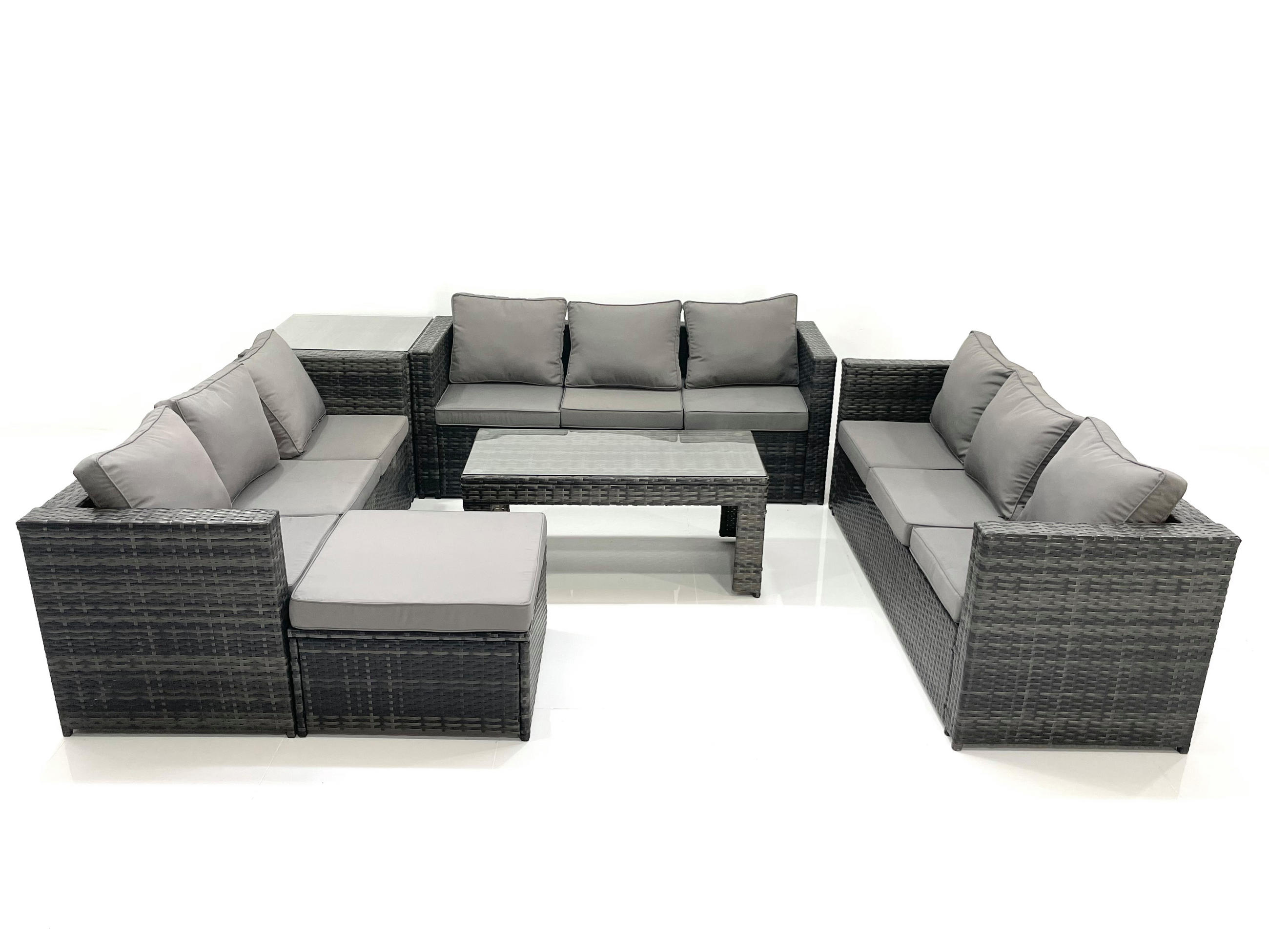 GARTENMÖBEL COUCHTISCH SET mit Sofa Polyrattan Outdoor 10-Sitzer - Dunkelgrau/Grau, Glas/Kunststoff - Fimous
