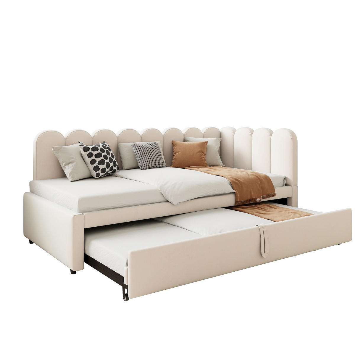 ROZKLADACIA posteľ 90/200 cm béžová v tvare L s výsuvným lôžkom zo zamatu - béžová, textil (90/200cm) - OKWISH