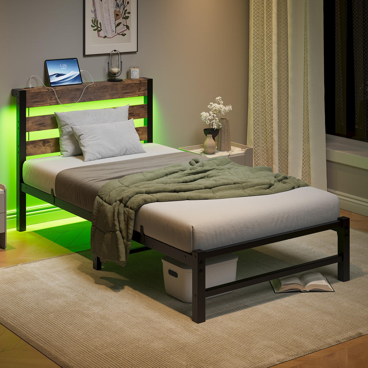 METALLBETT 90/200 cm in Schwarz & Braun mit LED, USB und Ablage - Schwarz, Holzwerkstoff/Metall (90/200cm) - WISHDOR