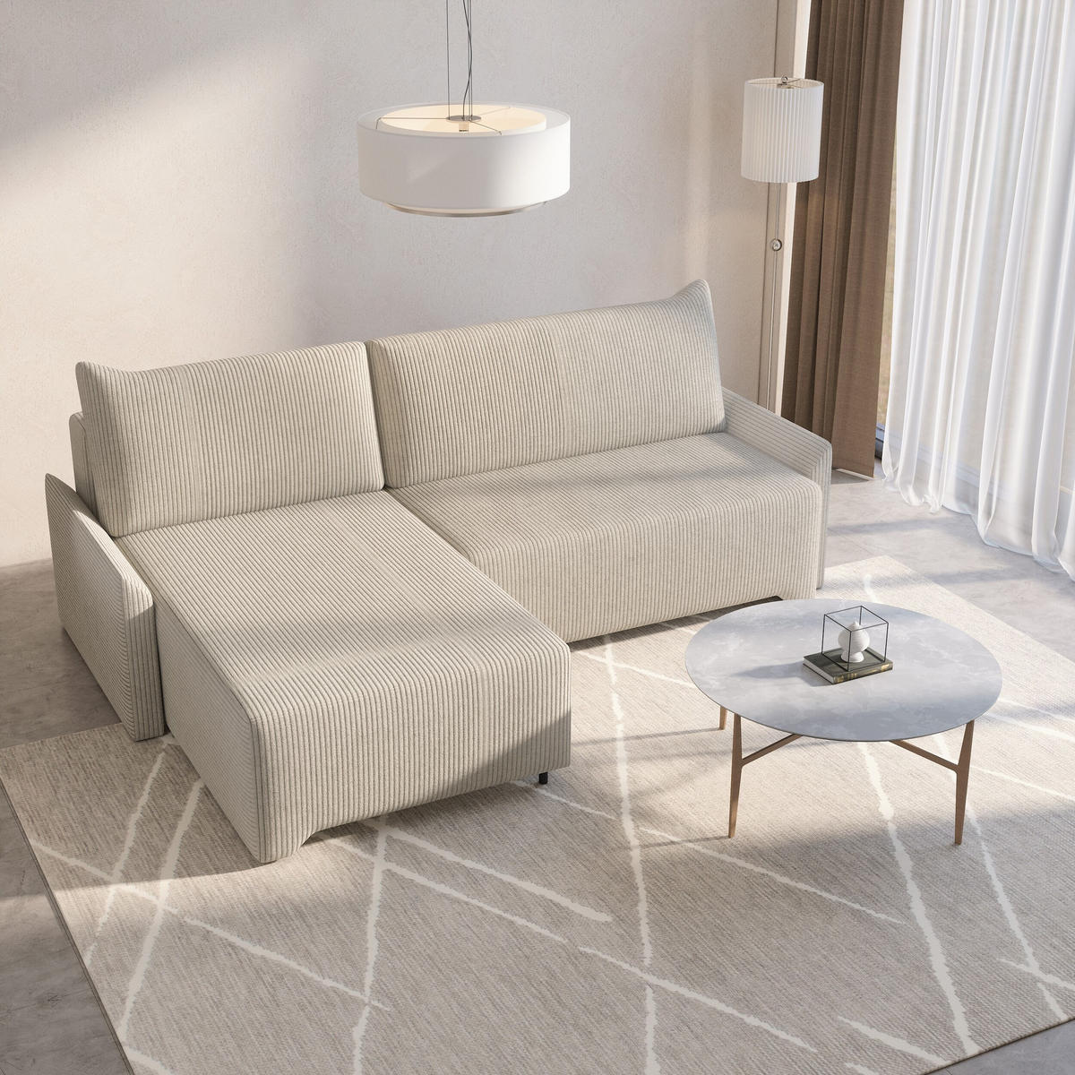 ECKSCHLAFSOFA - Rocky - Links, Creme (Poso 100) - Creme/Schwarz, Holzwerkstoff/Metall (245/174cm) - Möblo