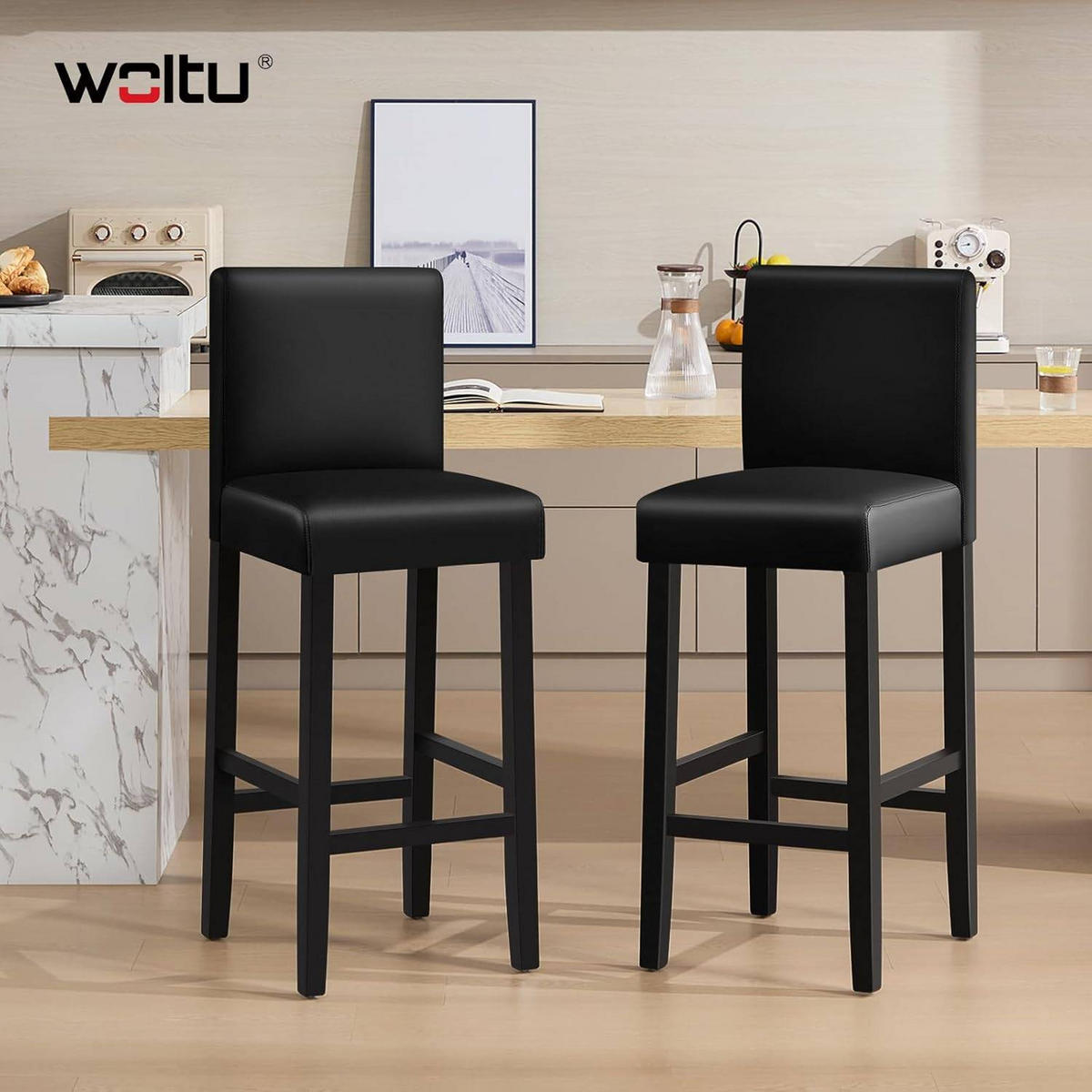 BARHOCKER 2er Set, Massivholz, Antirutschgummi, Kunstleder - Schwarz, Holz (41.5/110.5/48cm) - Woltu