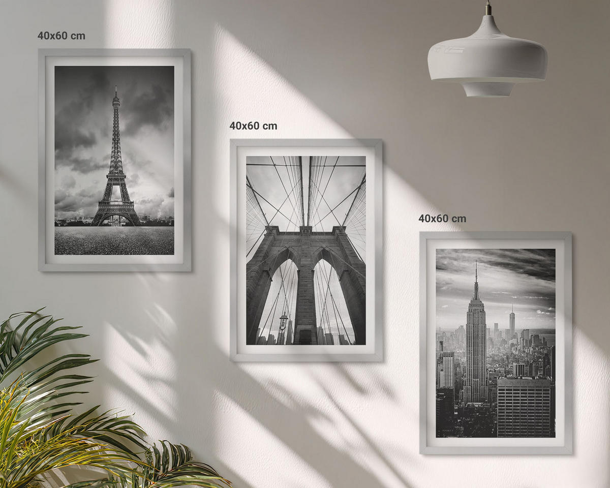 BILDER SET 3er Set - 40x60 cm Silberner Rahmen - Monochromatische Brückentürme - Silberfarben, Kunststoff (40/60cm) - TULUP