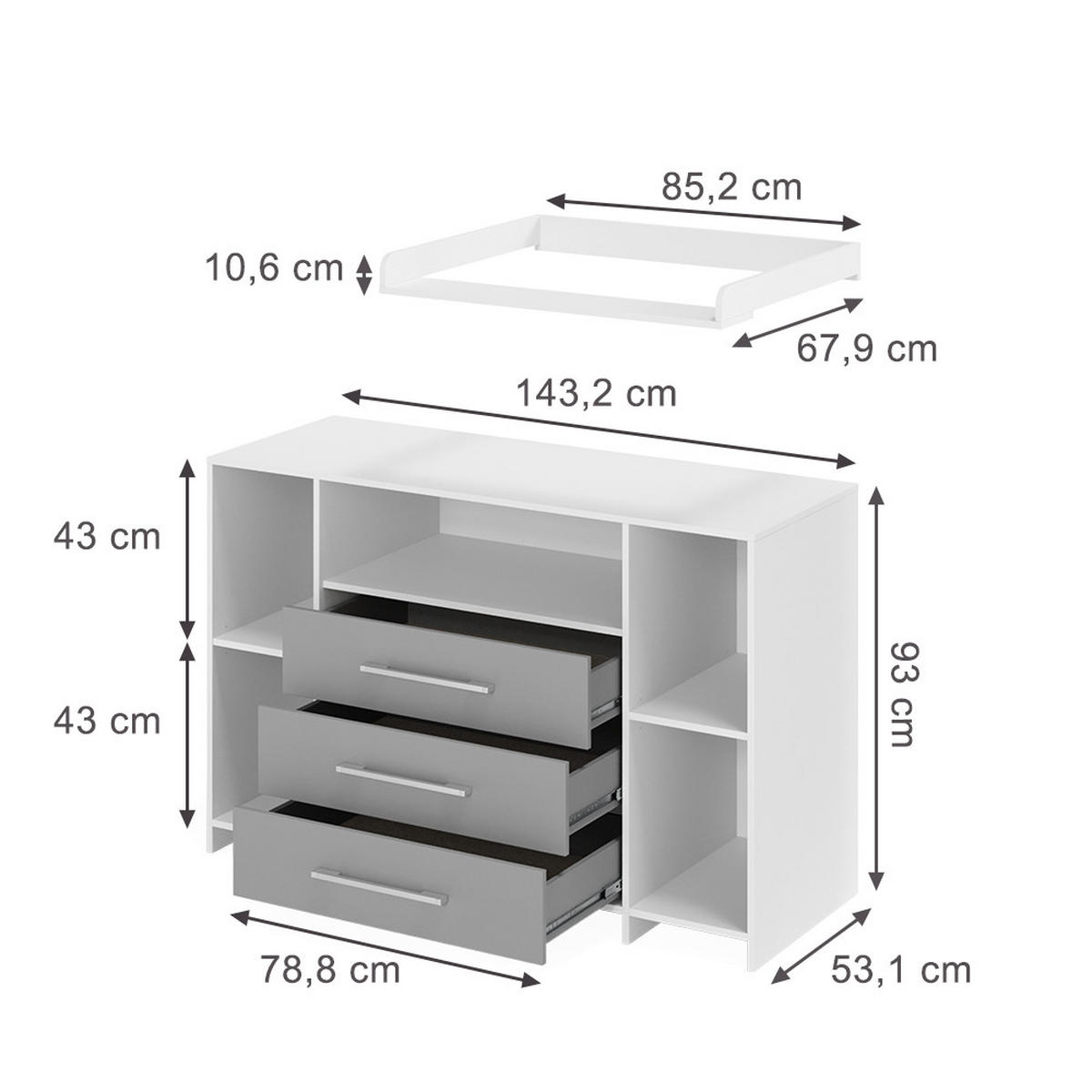 PREVIJALNA OMARA Oskar Bela/siva 143 x 100 cm XL s predali - siva/bela, leseni material (143/100/70cm) - Vicco