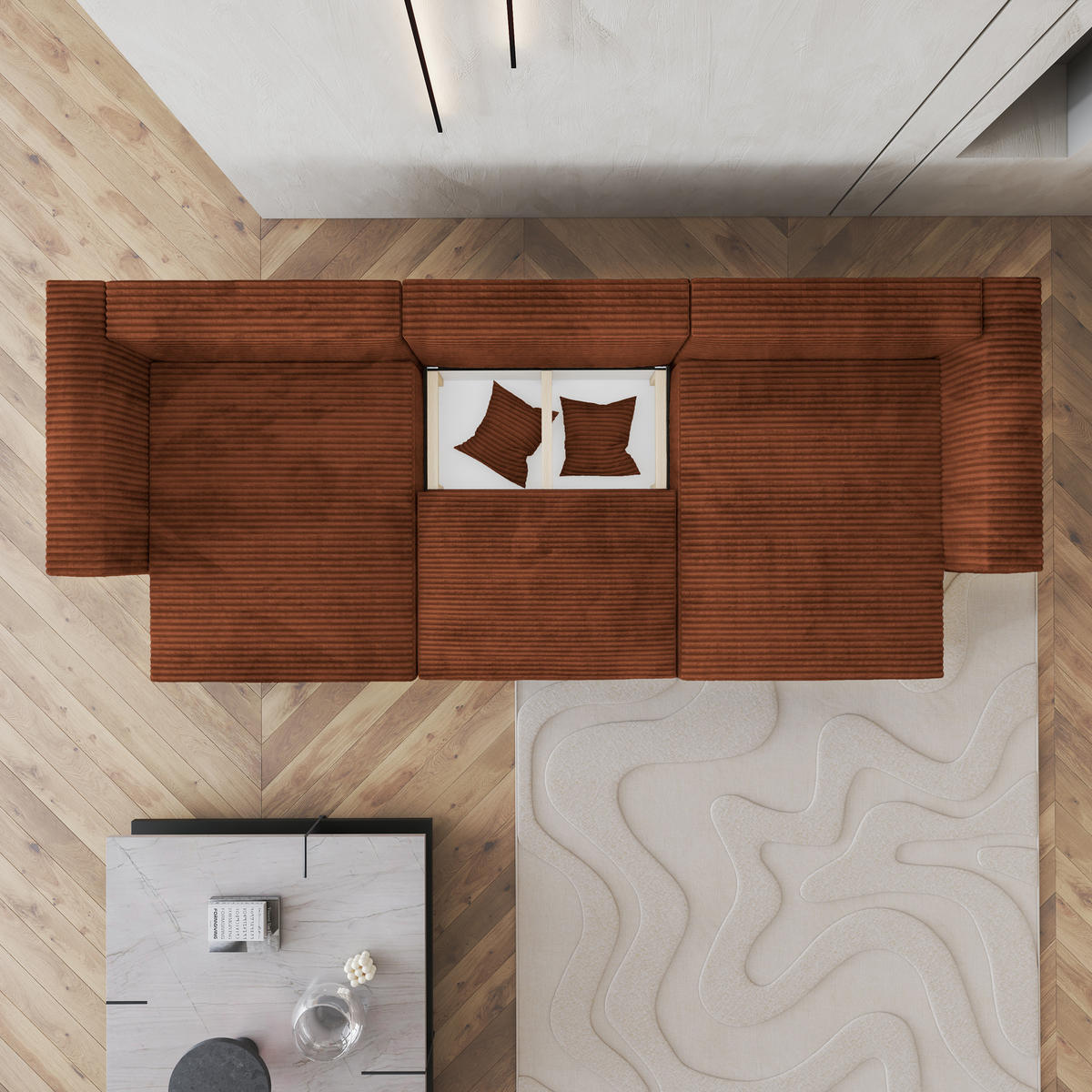 WOHNLANDSCHAFT SARMO Braun Kordstoff mit Schlaffunktion - Braun, Holz (347/90/148cm) - MASSENO