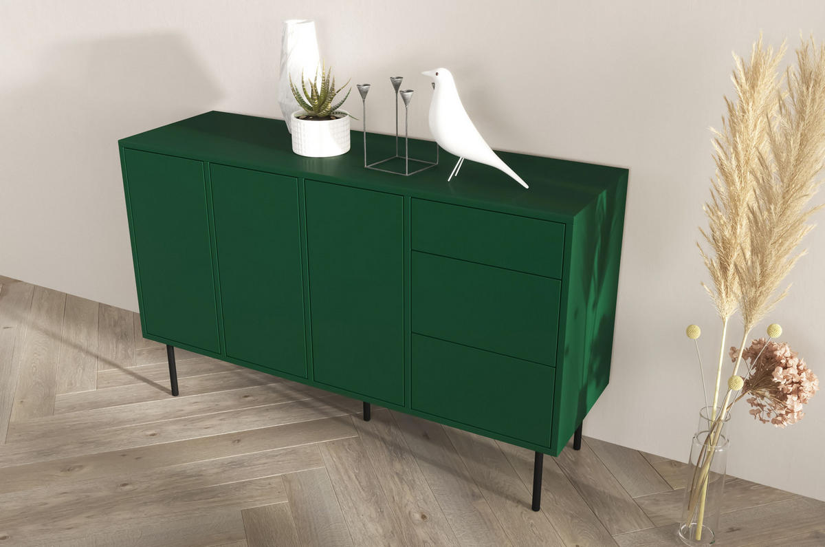 SIDEBOARD Mirka, Grün, Push to Open System, Minimalistisch - Dunkelgrün/Schwarz, Holzwerkstoff/Metall (130/80/40cm) - Dancan