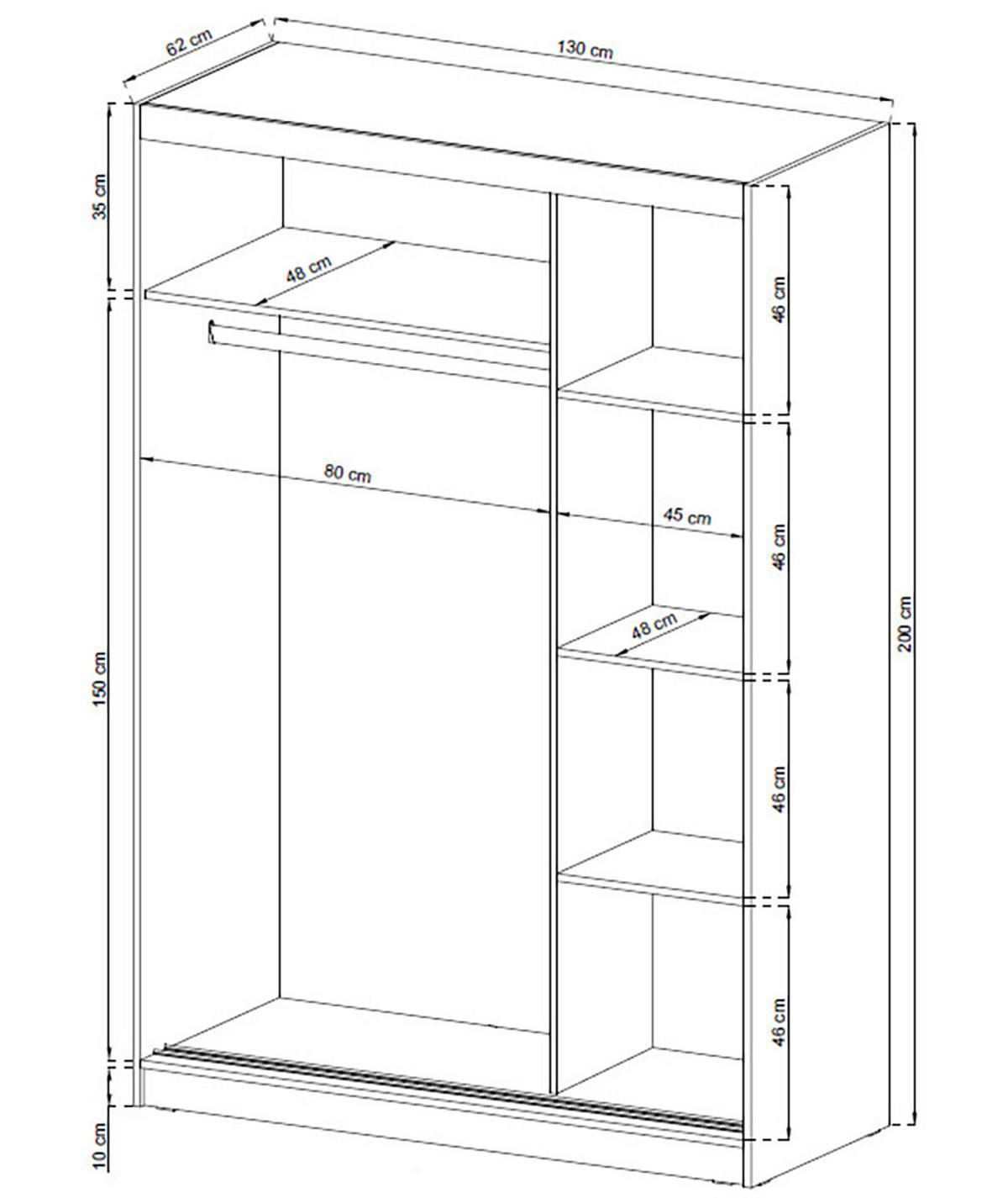 SCHIEBETÜRENSCHRANK Maja weiß 130 / 62 / 200 cm - Weiß, Holz/Holzwerkstoff (130/200/62cm) - Feldmann-Wohnen