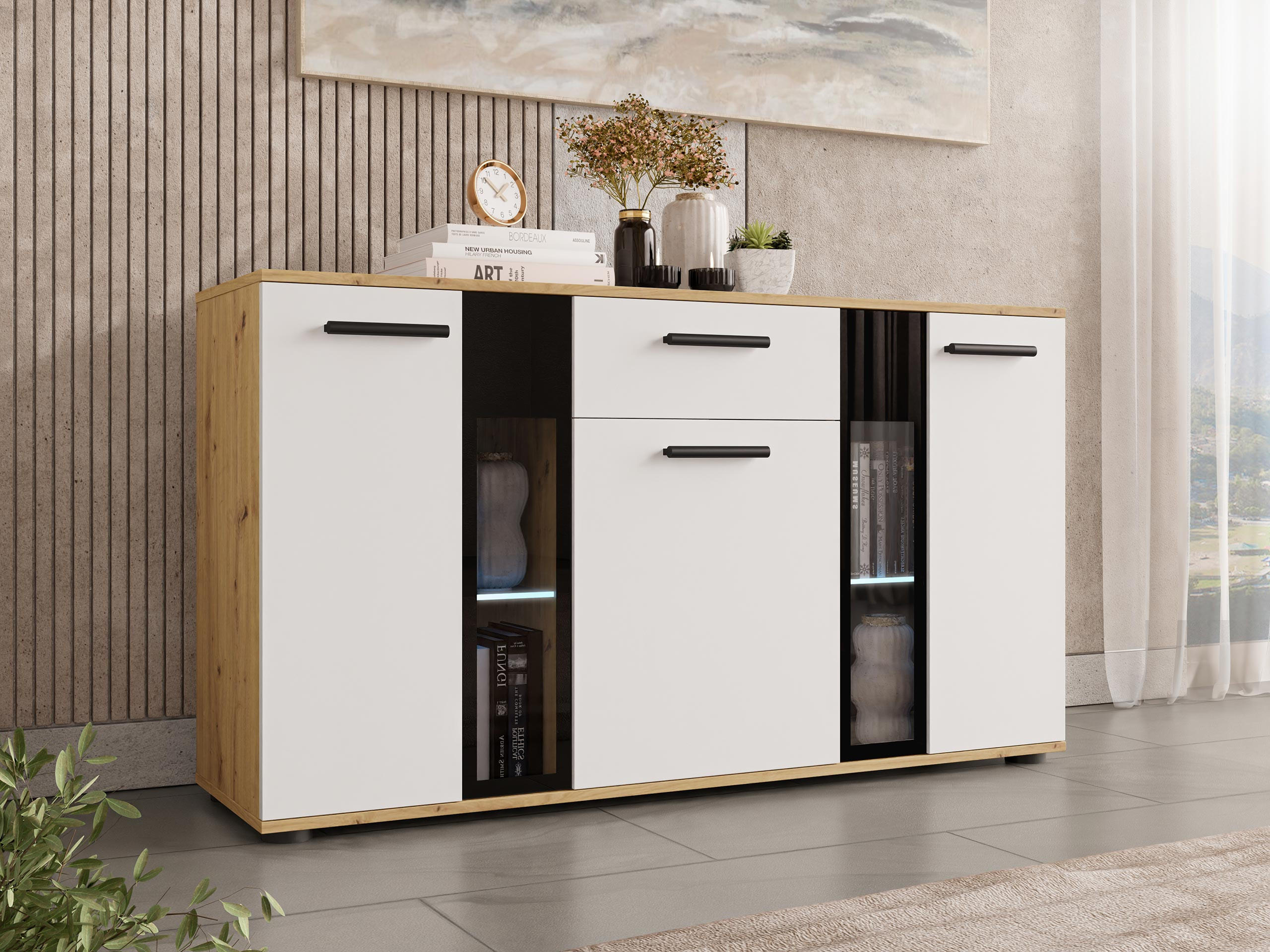 KOMMODE Salsa mit blauer LED Beleuchtung - Schwarz/Eiche Artisan, Holzwerkstoff (141/80/41cm) - MIRJAN24