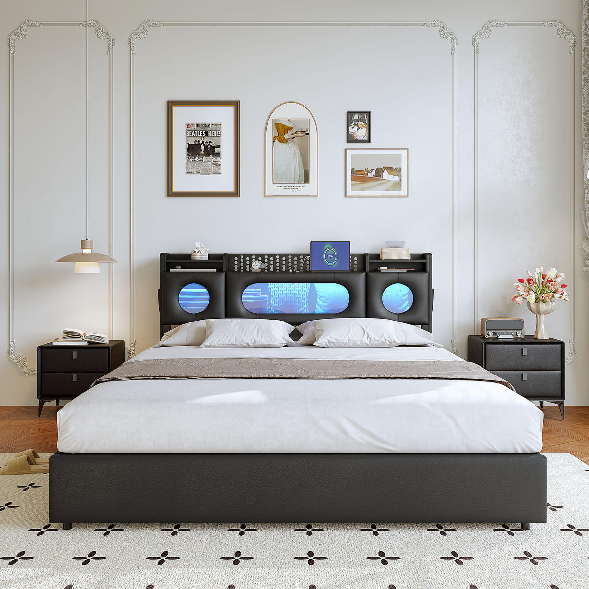 POLSTERBETT 140/200 cm Schwarz mit hydraulischem Stauraum, LED-Kopfteil mit Ablage und USB-Anschluss - Schwarz, Metall (140/200cm) - EuroLiving