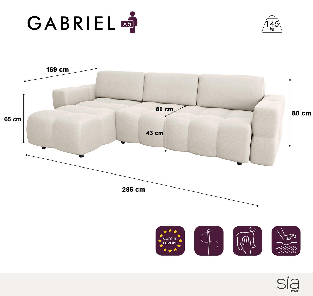 ECKSOFA LINKS Rastergewebe Betongrau 286cm - Grau, Textil (169/286cm) - Sia Home