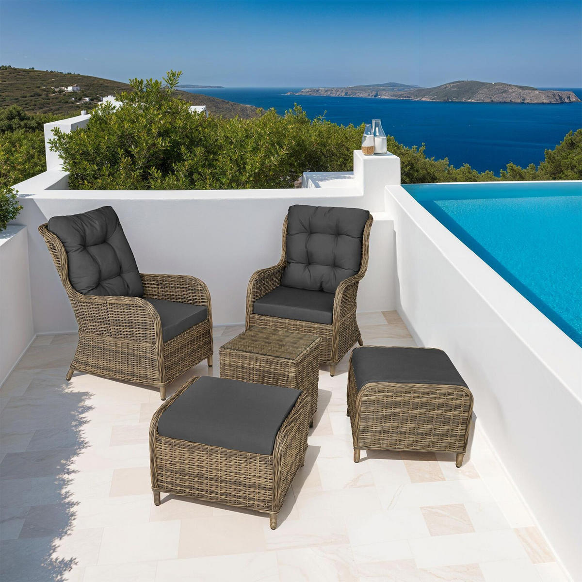 ALUMINIUM RATTAN SITZGRUPPE Benissa, mit Sicherheitsglasplatte, natur - Naturfarben, Kunststoff - tectake