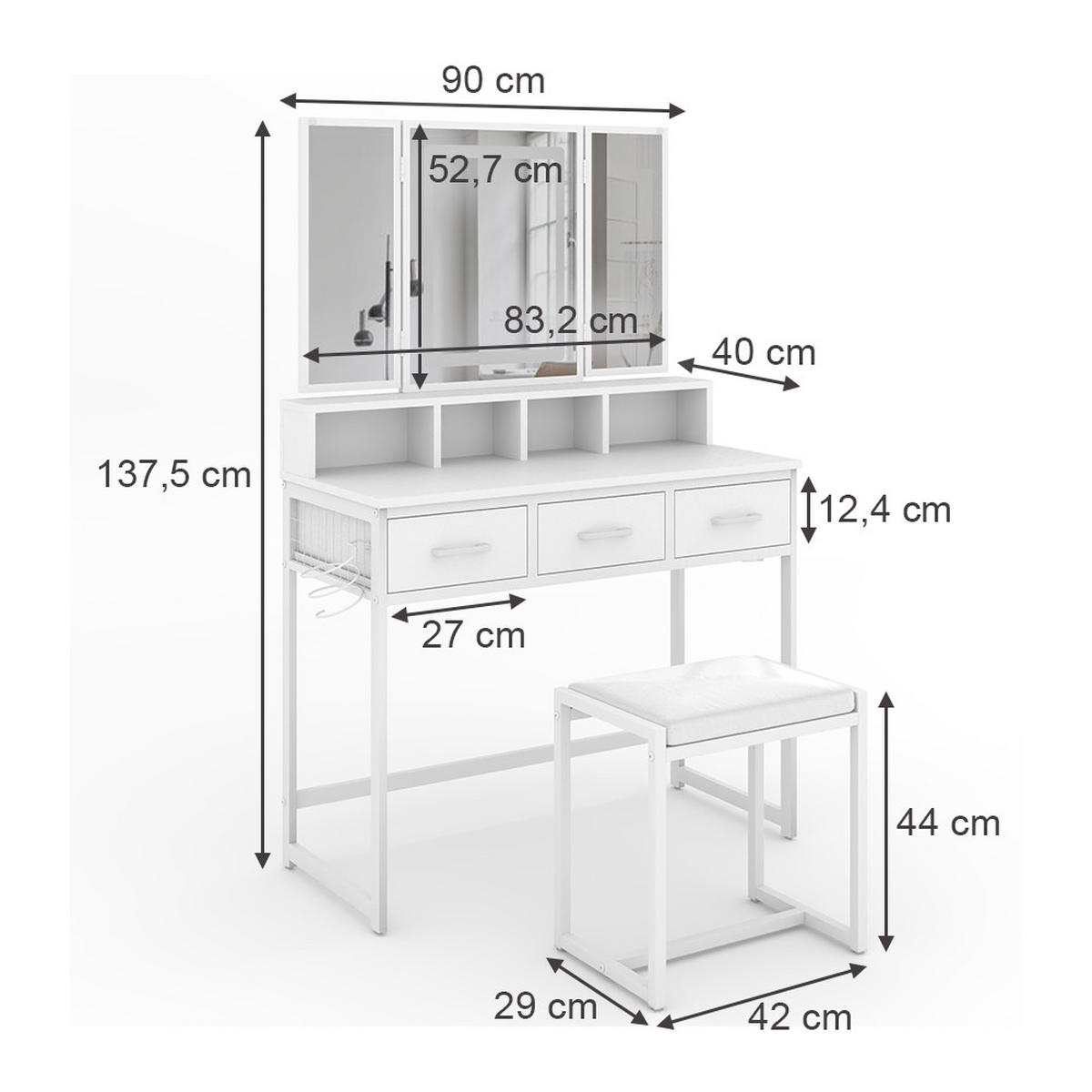 SCHMINKTISCH Mavida Weiß 90 cm mit LED-Spiegel und Hocker - Weiß, Holzwerkstoff (90/137.5/40cm) - Vicco