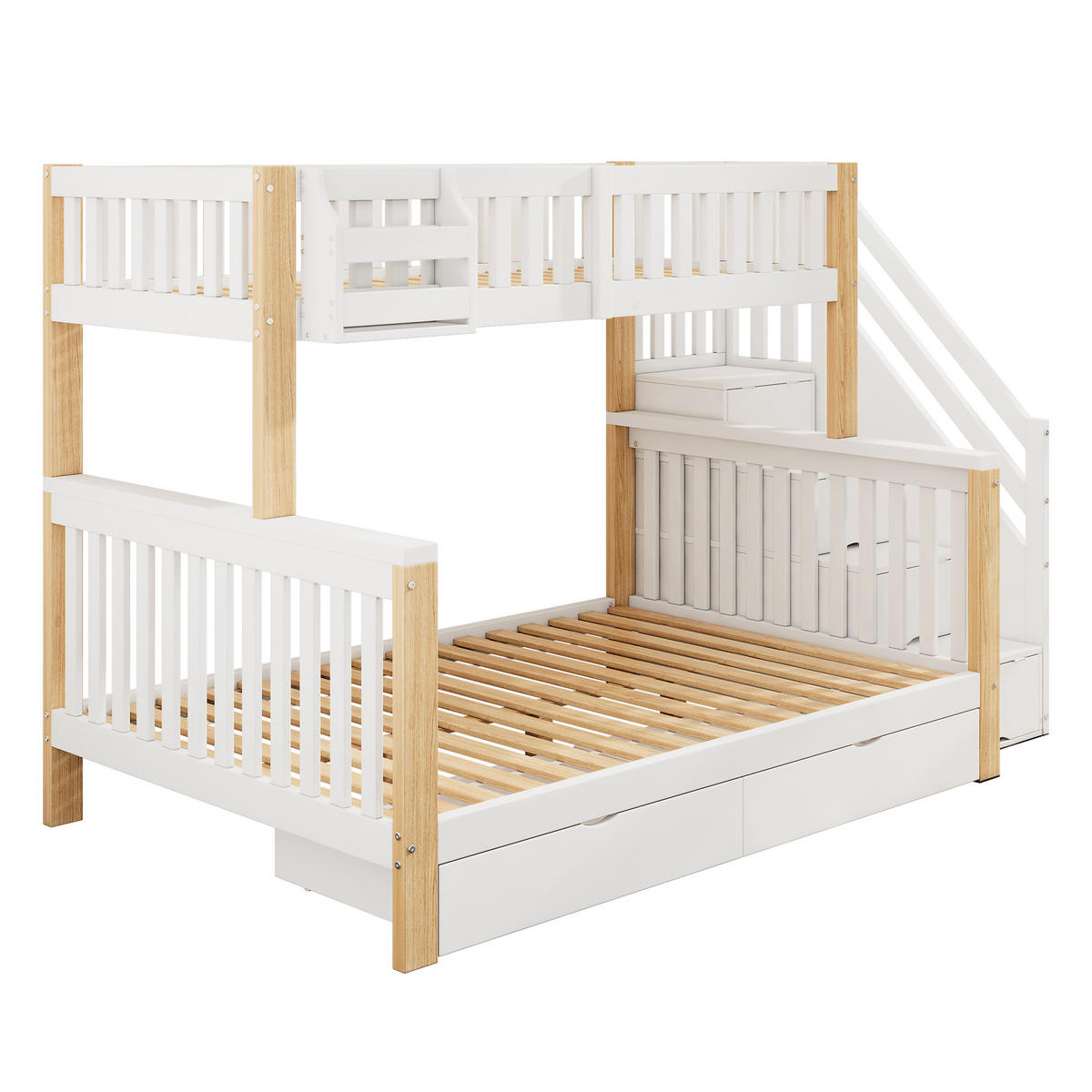 ETAGENBETT 140/200 cm Weiß-Natur mit Treppenschrank Stauraum und Schublade aus Massivholz - Weiß, Holzwerkstoff (90/200cm) - OKWISH