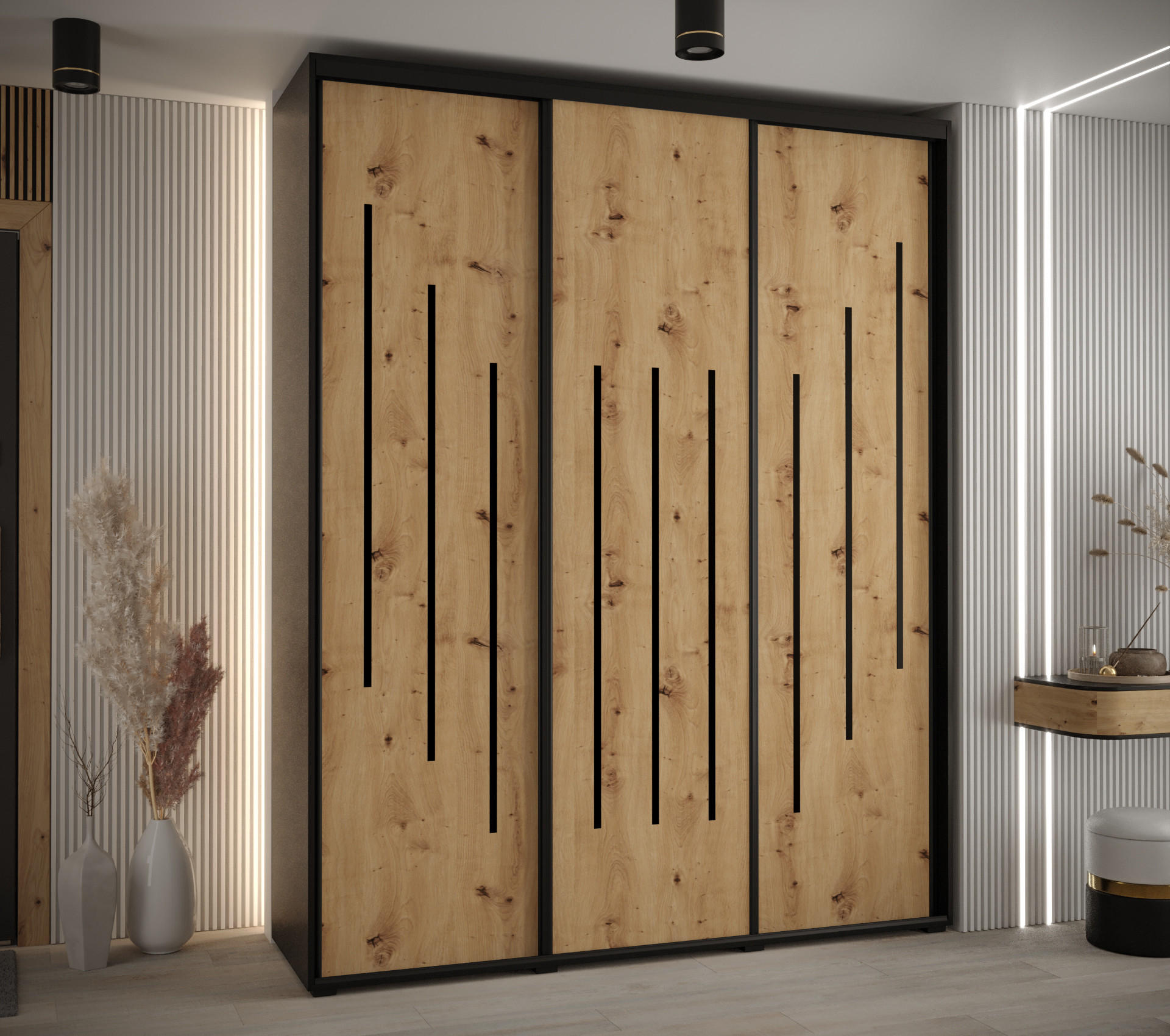 SCHWEBETÜRENSCHRANK 235,2/190/45 3-türig - Schwarz/Eiche Artisan, Holz/Metall (190/235/45cm) - Abiks Möbel