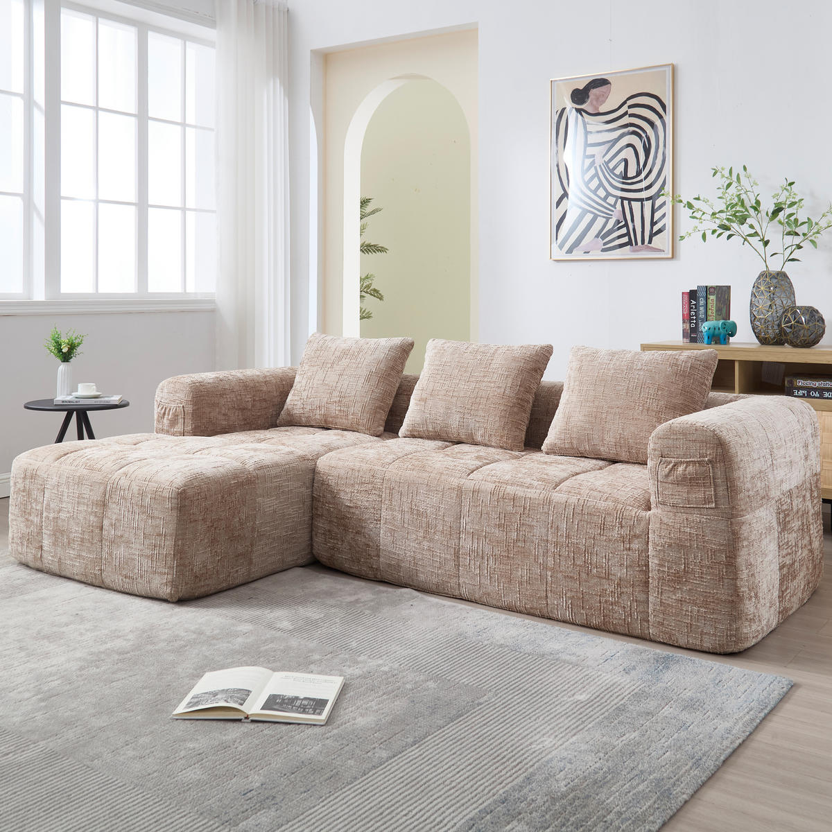 ECKSOFA Chenille Khaki mit Kissen und Seitentaschen - Hellbraun, Textil (250/158cm) - WISHDOR