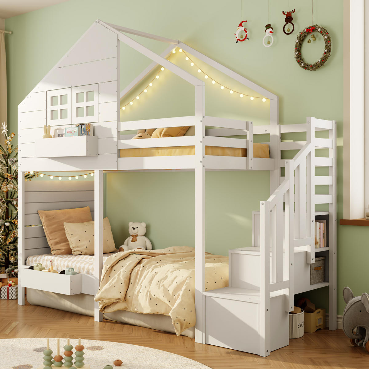 ETAGENBETT 90x200 cm mit Stauraumtreppe und Fenster Weiß - Weiß, Holzwerkstoff (90/200cm) - Beauniv