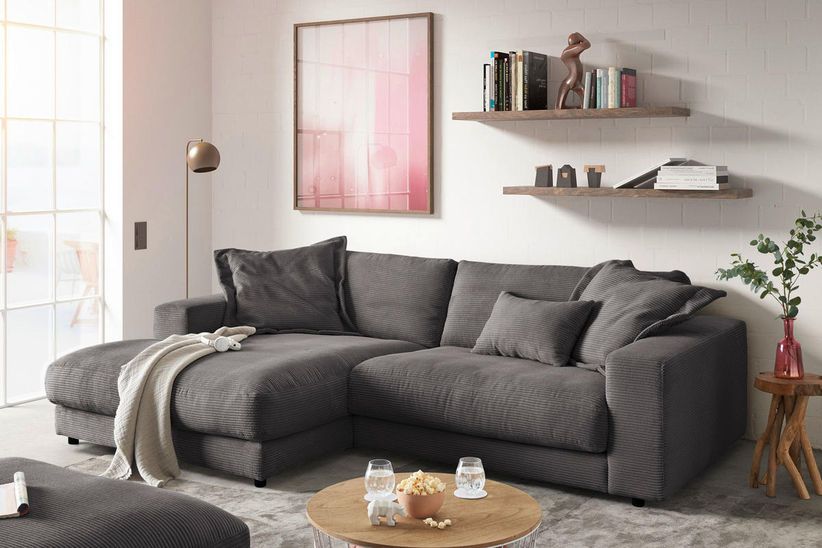 ECKSOFA MADELINE Grau Cord - Schwarz/Grau, Kunststoff/Textil (270/190cm) - KAWOLA