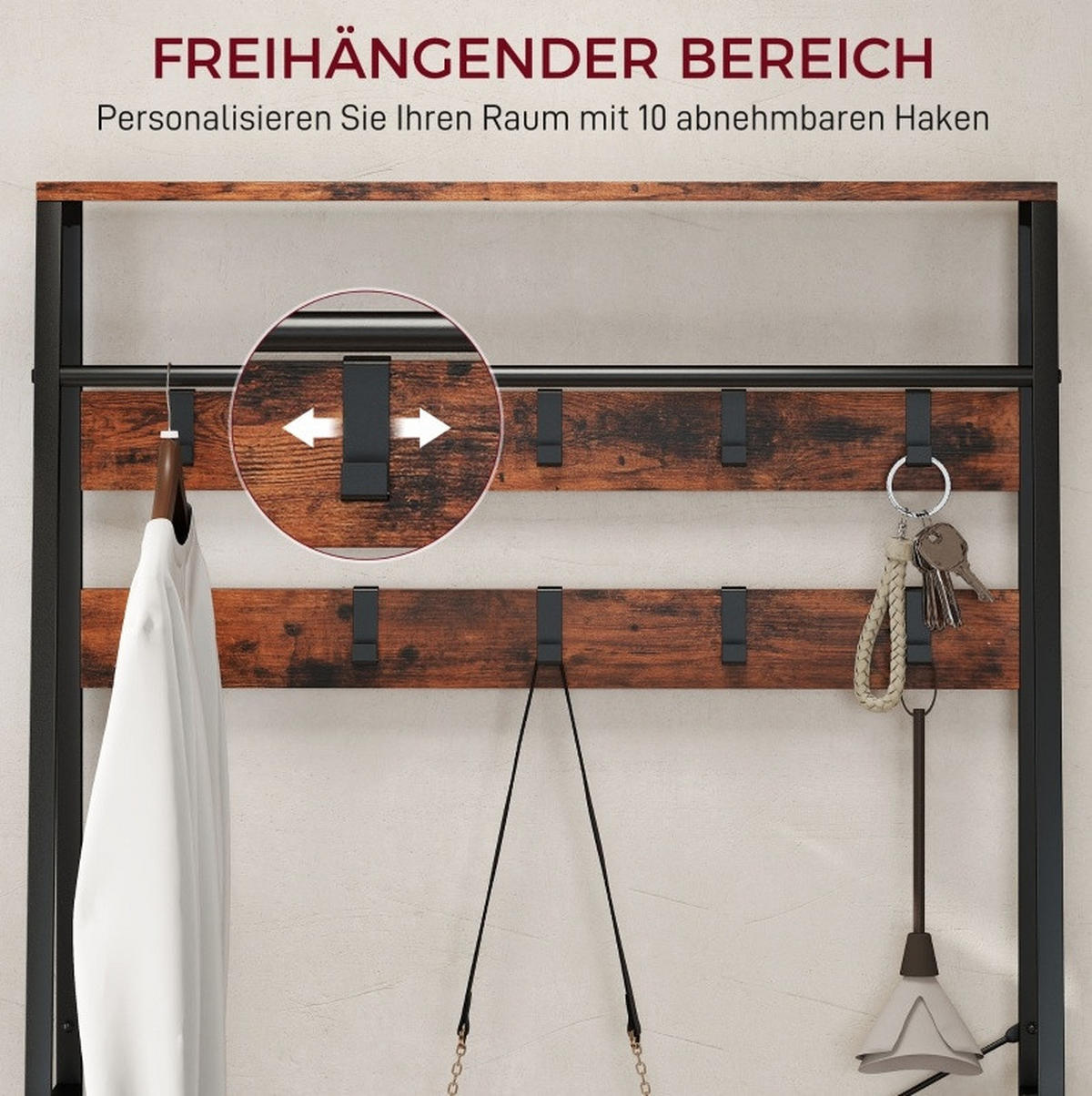 FLURGARDEROBE 80/30/180 cm aus Holzwerkstoff und Metall mit Sitzbank und 10 Haken Braun - Braun, Holz (80/180/30cm) - Modenvie