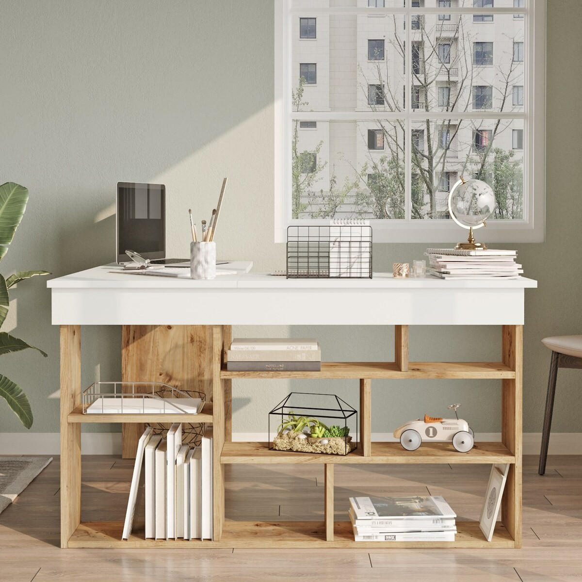 SCHREIBTISCH - 129 cm x 120 cm - Holz, Platte - Naturfarben Hell, Weiß - LILEUL - Naturfarben/Weiß, Holz (120/129/72cm) - Vente-Unique