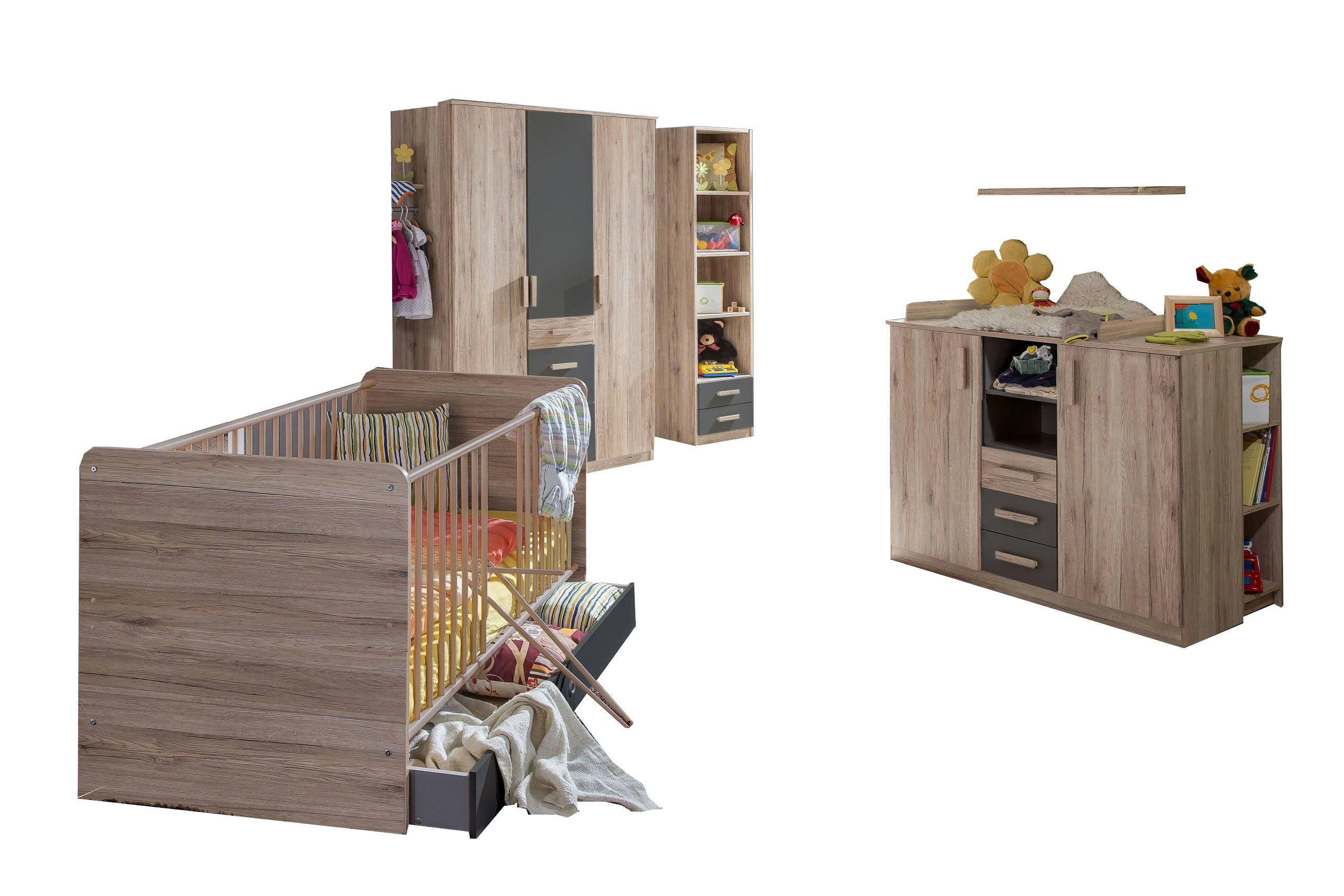 BABYZIMMER Cariba in Eiche San Remo und Graphit 9 teilig - Braun, Holzwerkstoff (120/200/80cm)