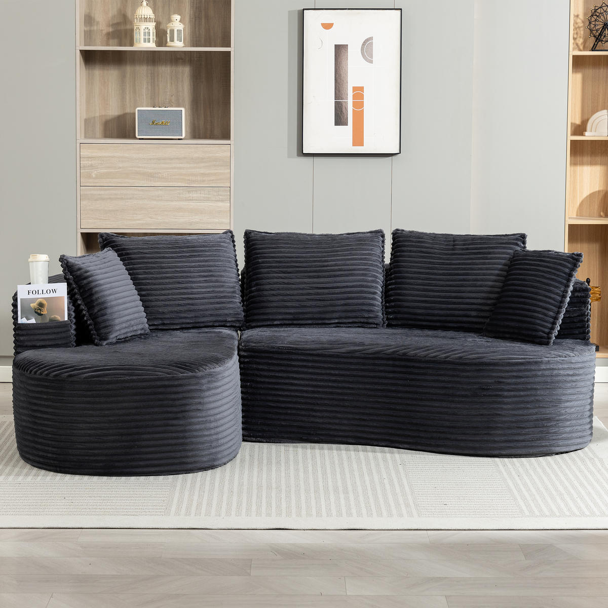 WOHNLANDSCHAFT 250/152/82 cm Dunkelgrau mit Becherhalter und Stautasche - Dunkelgrau, Textil (250/152cm) - Oxeza