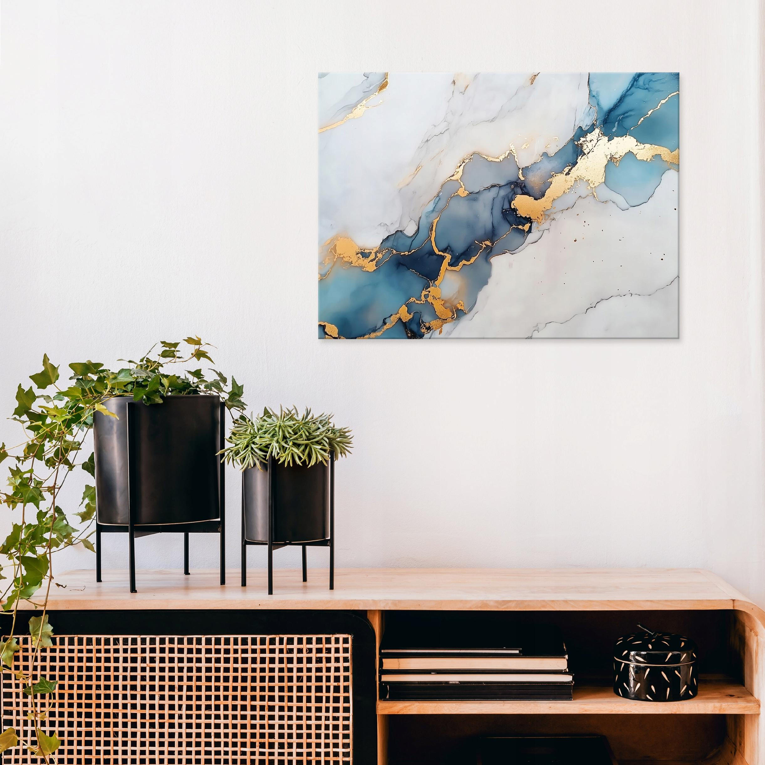 LEINWANDBILD Abstrakt Marmor Blau Gold Modern Wohnzimmer 100x70 - Grau, Holzwerkstoff (100/70cm) - Wallarena