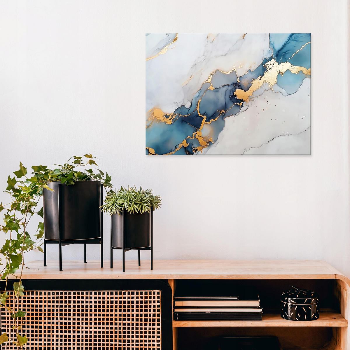 LEINWANDBILD Abstrakt Marmor Blau Gold Modern Wohnzimmer 100x70 - Grau, Holzwerkstoff (100/70cm) - Wallarena
